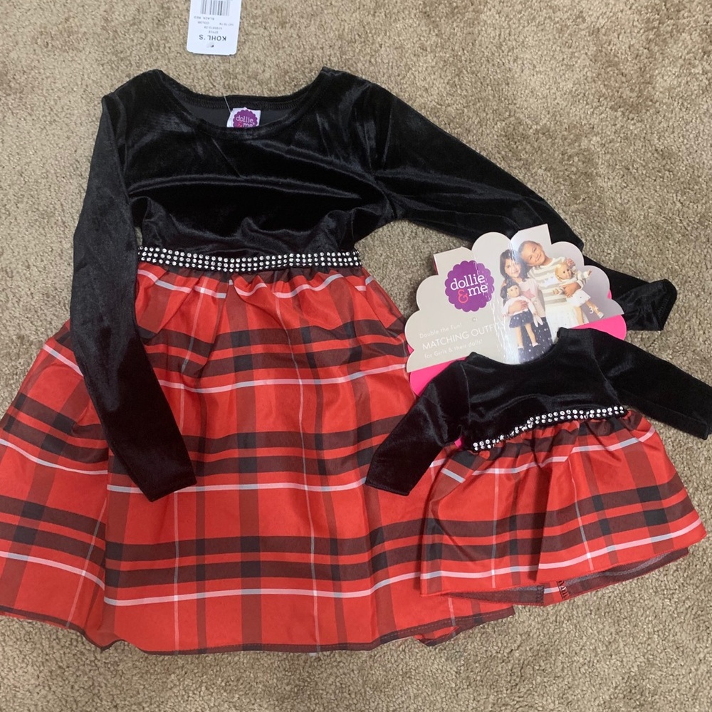 Dollie&Me Plaid Velvet Dress w/Matching Doll Dress